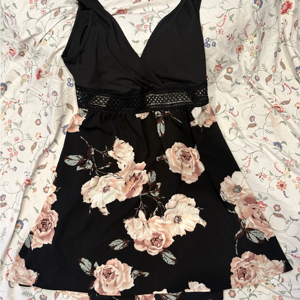 Source Unknown Black and Pink Floral Mini Dress